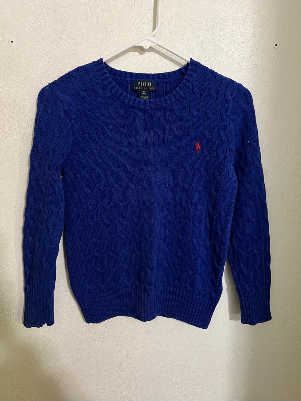 POLO RALPH LAUREN Classic Cable Knit Preppy Sweater Royal Blue Red‎ Boy's Size M